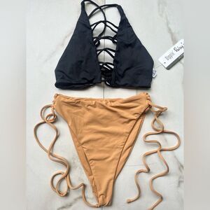 Nwt Dippin’ Daisy’s Ensenada high waist strap nude black lace up bikini